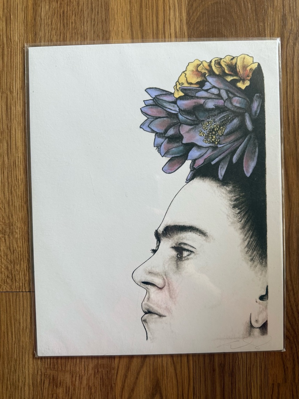 8”x10” Frida Kahlo Art Print Portrait with Purple Yellow Floral Accent Signed